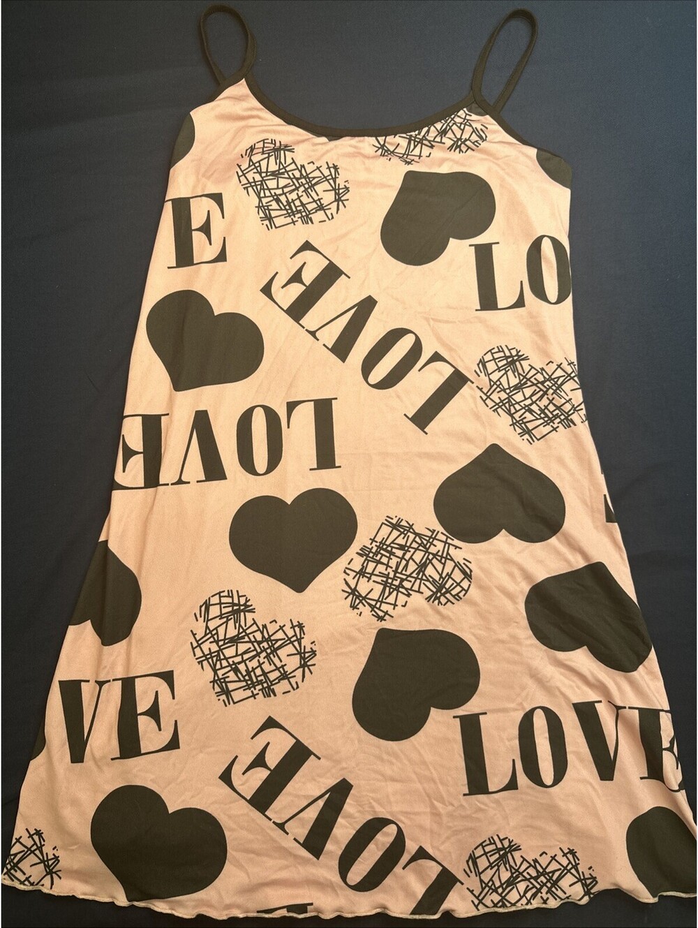 Love Print Slip Dress Womens Small Pink Black Heart Spaghetti Strap Nightie Y2k